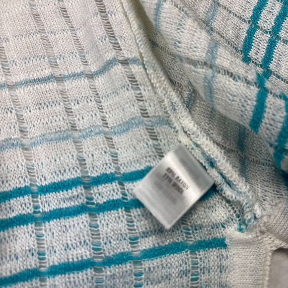 St John Wool Blend Long Cardigan Blue Ivory 3/4 Sleeve Open Front Sweater SMALL - Picture 8 of 11